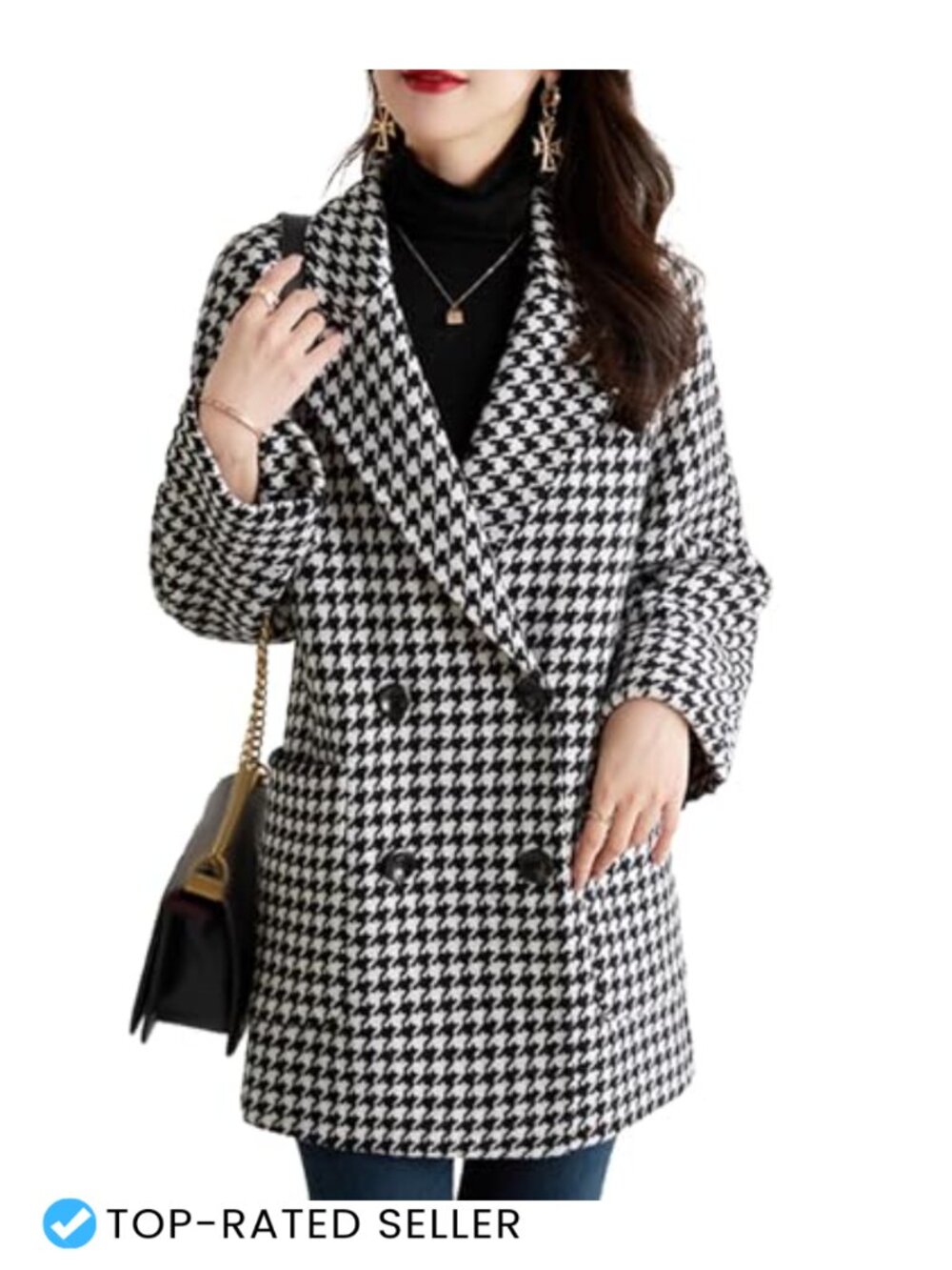 Women's Houndstooth Double Breasted Pea Coat Notch Lapel Trench Coat